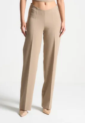 Curved Waist Tailored Trousers - Dark Beige