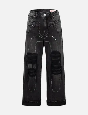 Distressed Studded Daicock and Fair Isle Snowflake Printed Pocket Fashion Fit Jeans