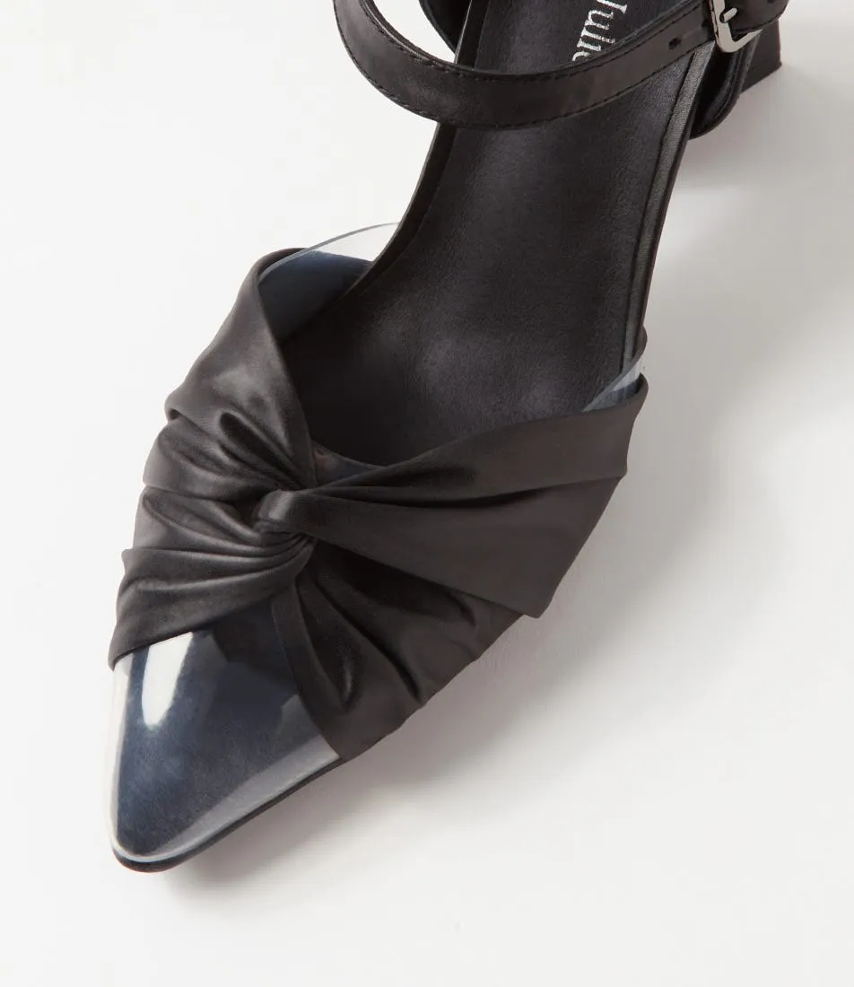 DJANGO & JULIETTE Hivon Clear Black Satin Vinylite Leather Heels