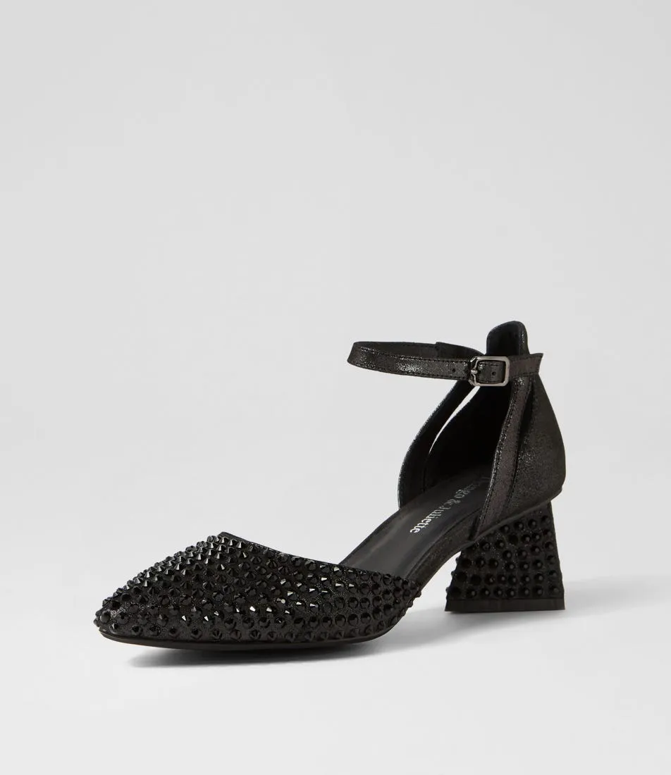 DJANGO & JULIETTE Matvey Black Shimmer Leather Jewels Heels