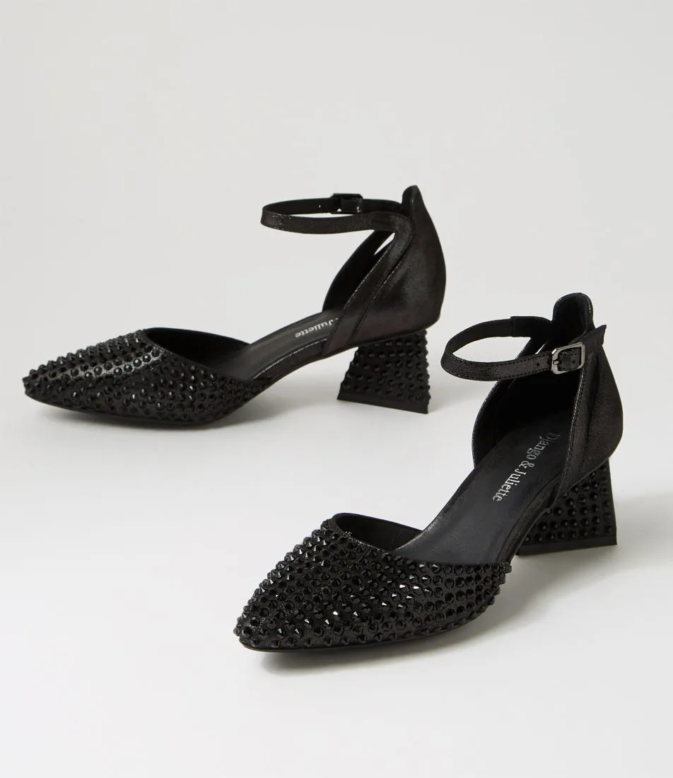 DJANGO & JULIETTE Matvey Black Shimmer Leather Jewels Heels