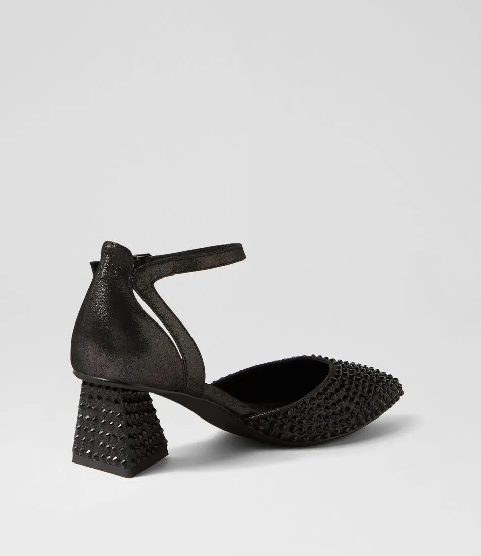 DJANGO & JULIETTE Matvey Black Shimmer Leather Jewels Heels