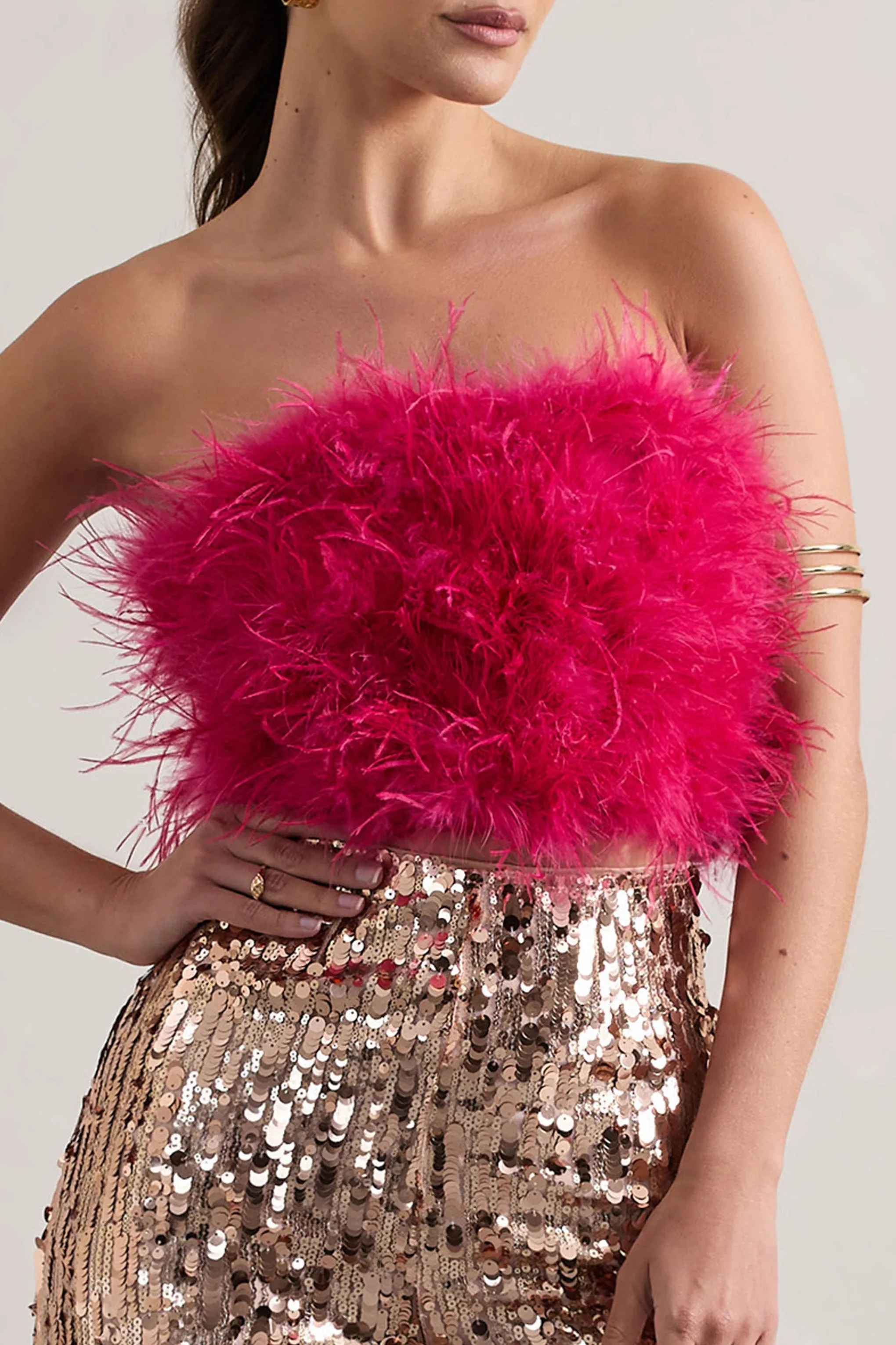 Dream Daze | Dark Pink Strapless Feather Crop Top