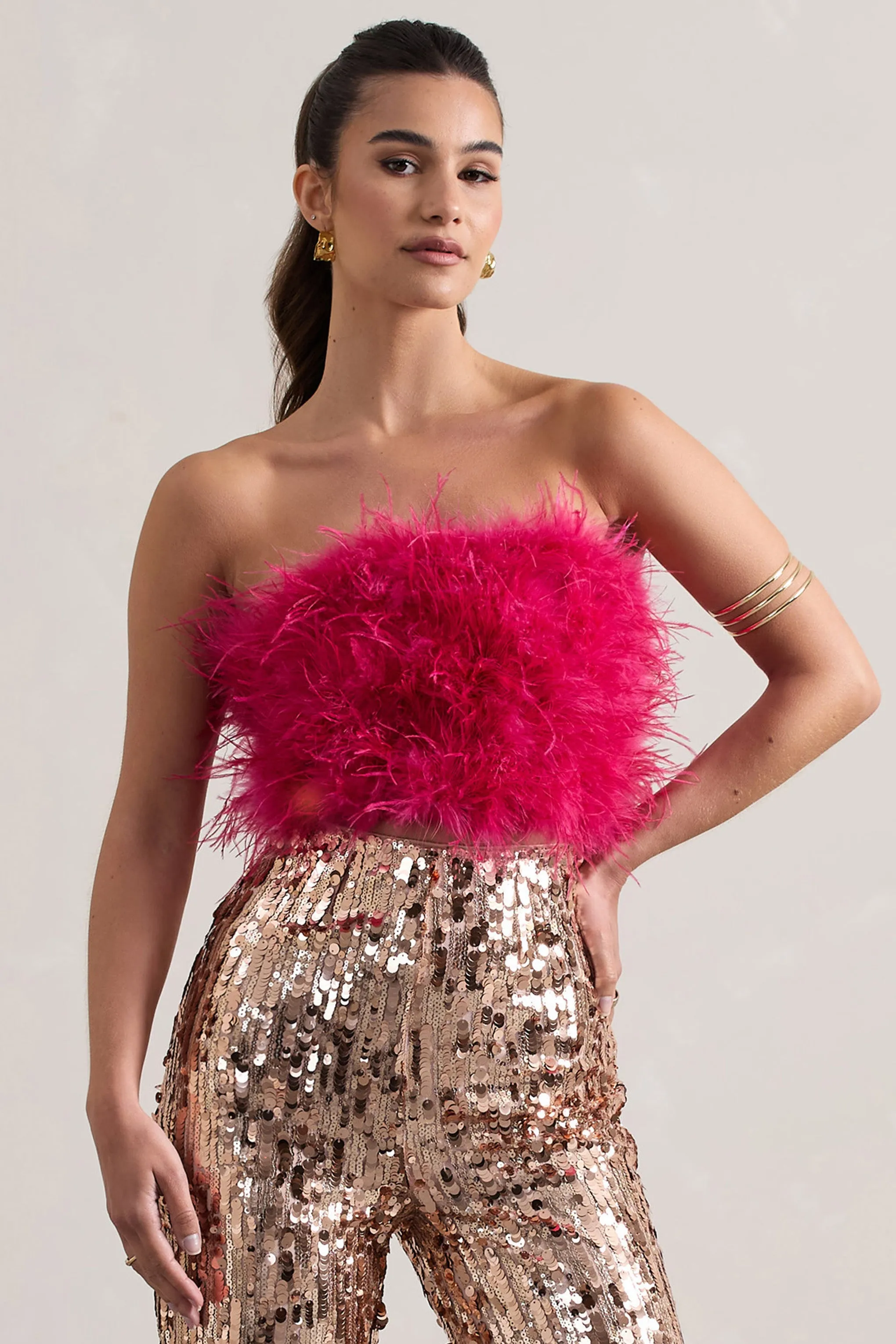 Dream Daze | Dark Pink Strapless Feather Crop Top