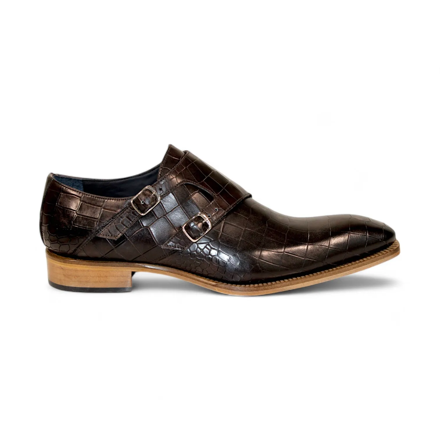 Duca Vergato Men's Shoes Chocolate Croco Print Leather Monkstraps Oxfords (D1180)