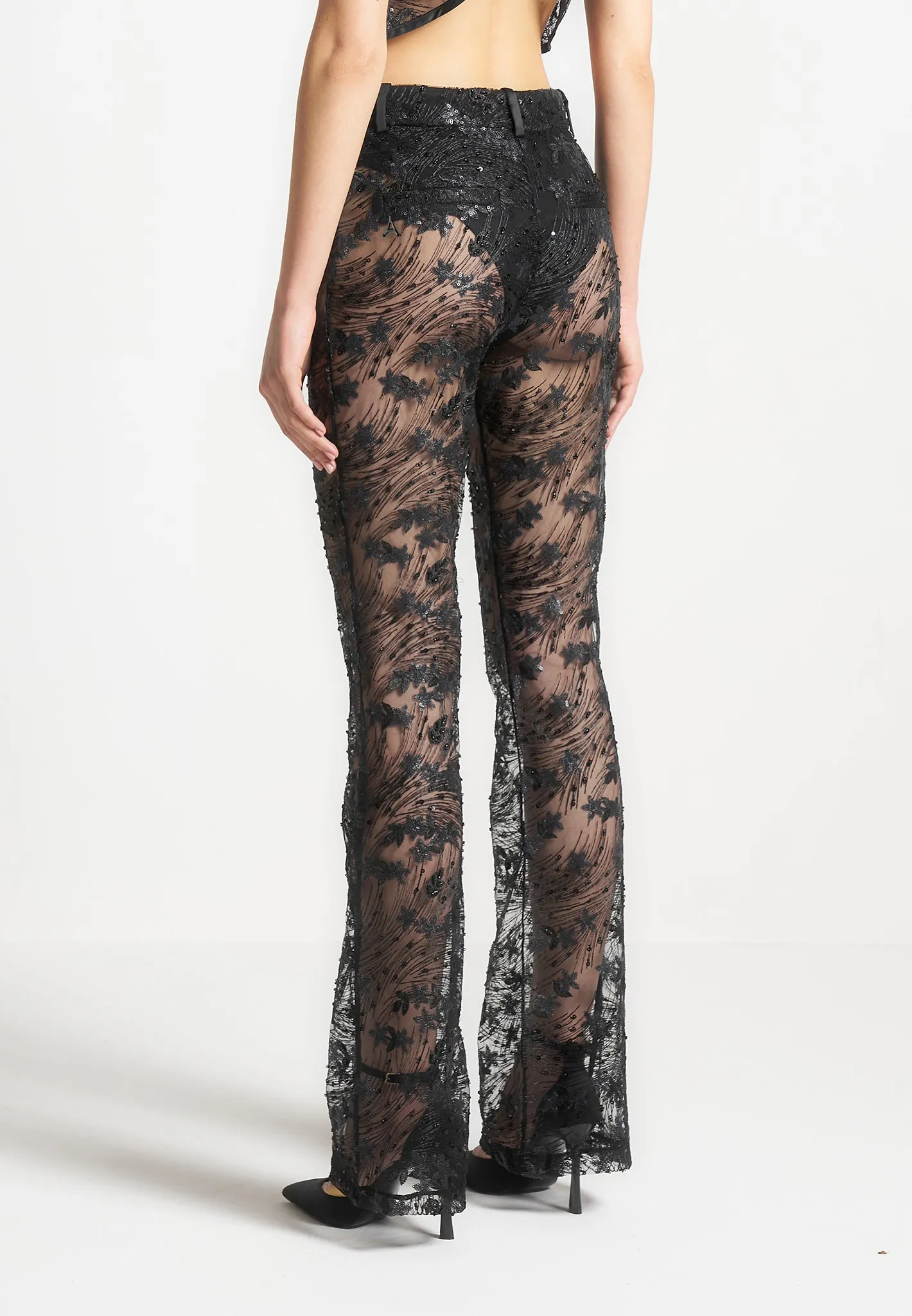 Embellished Lace Fit and Flare Trousers - Black