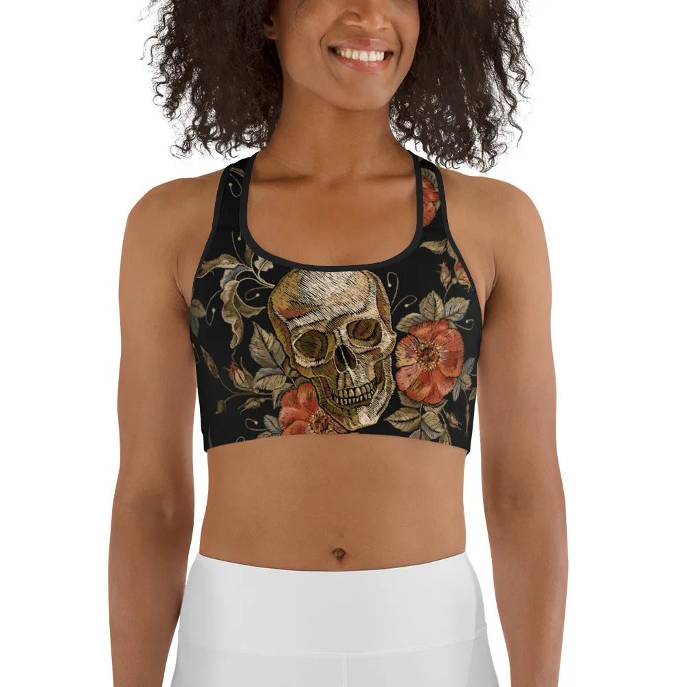 Embroidery Print Skull Sports Bra