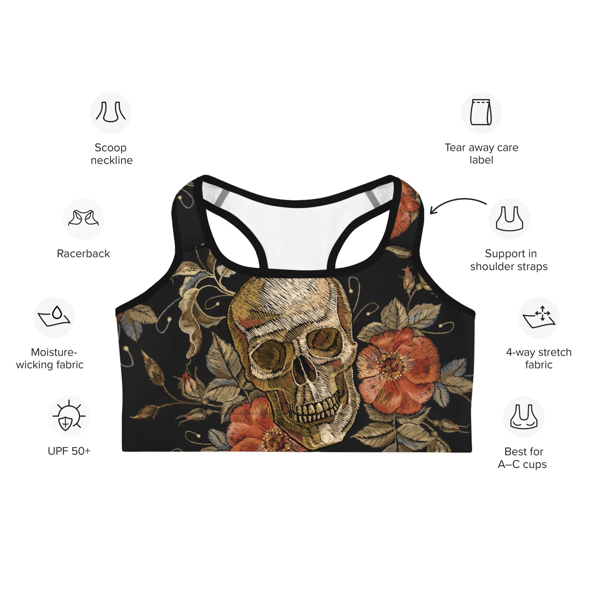 Embroidery Print Skull Sports Bra