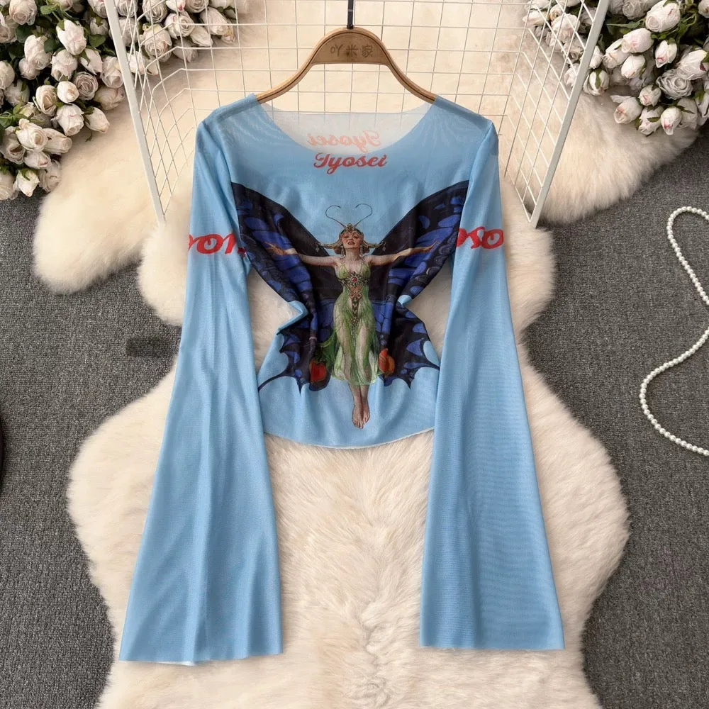 European and American fashion hot girl flared long-sleeved round neck slim fit printed stretch T-shirt female stylish bottoming 