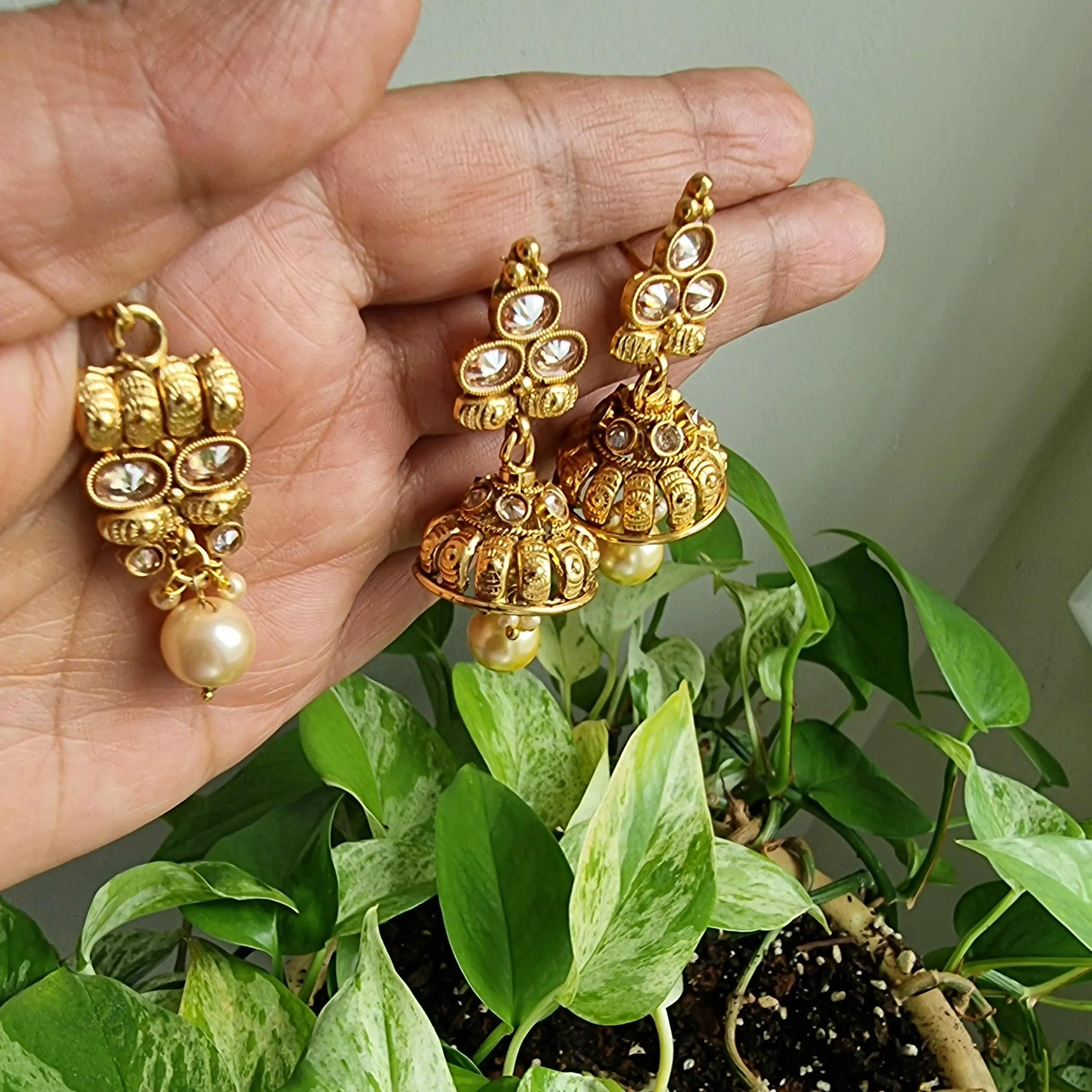 Exquisite Earrings and Tikka Set Adorned With Champagne Pearls