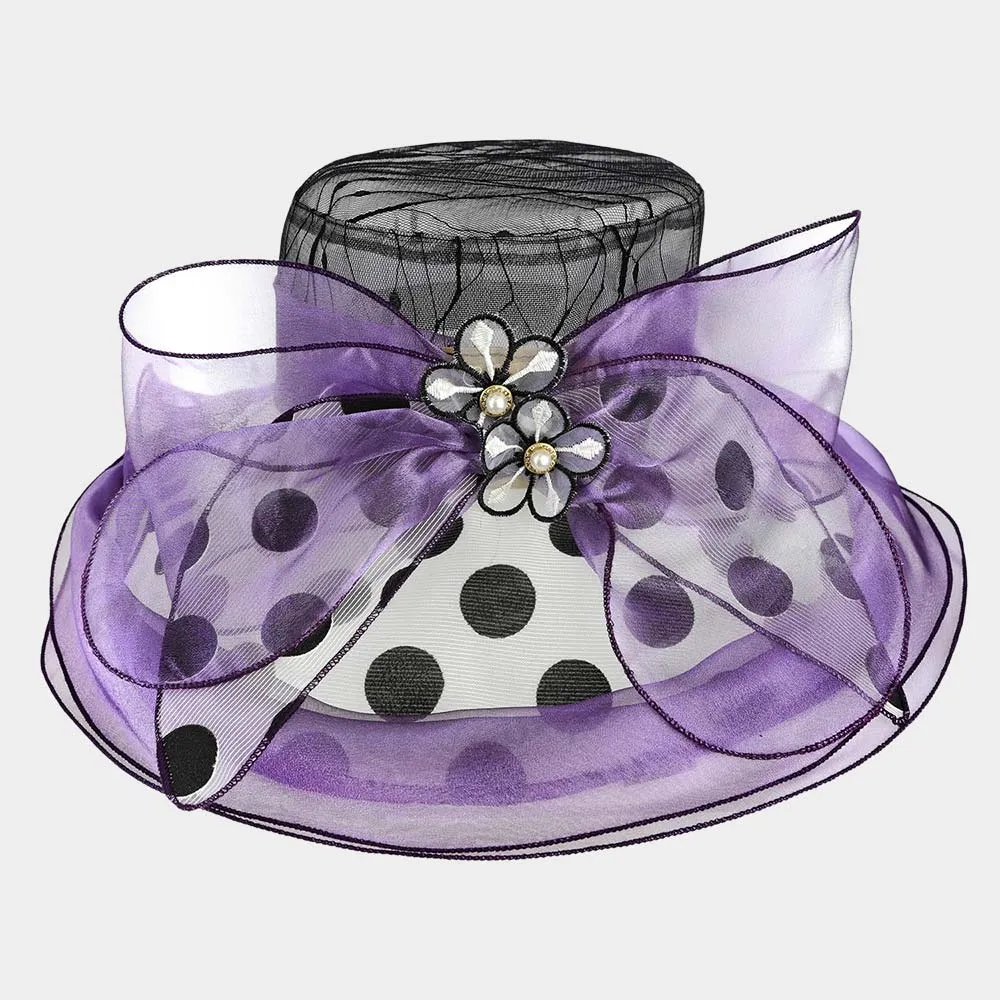 Flower Bow Double Layered Organza Hat with Polka Dot Pattern