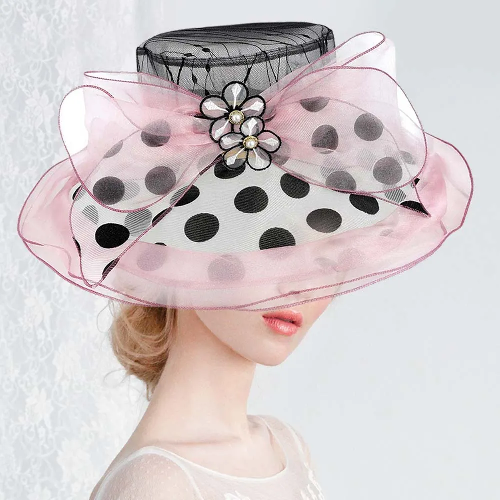 Flower Bow Double Layered Organza Hat with Polka Dot Pattern