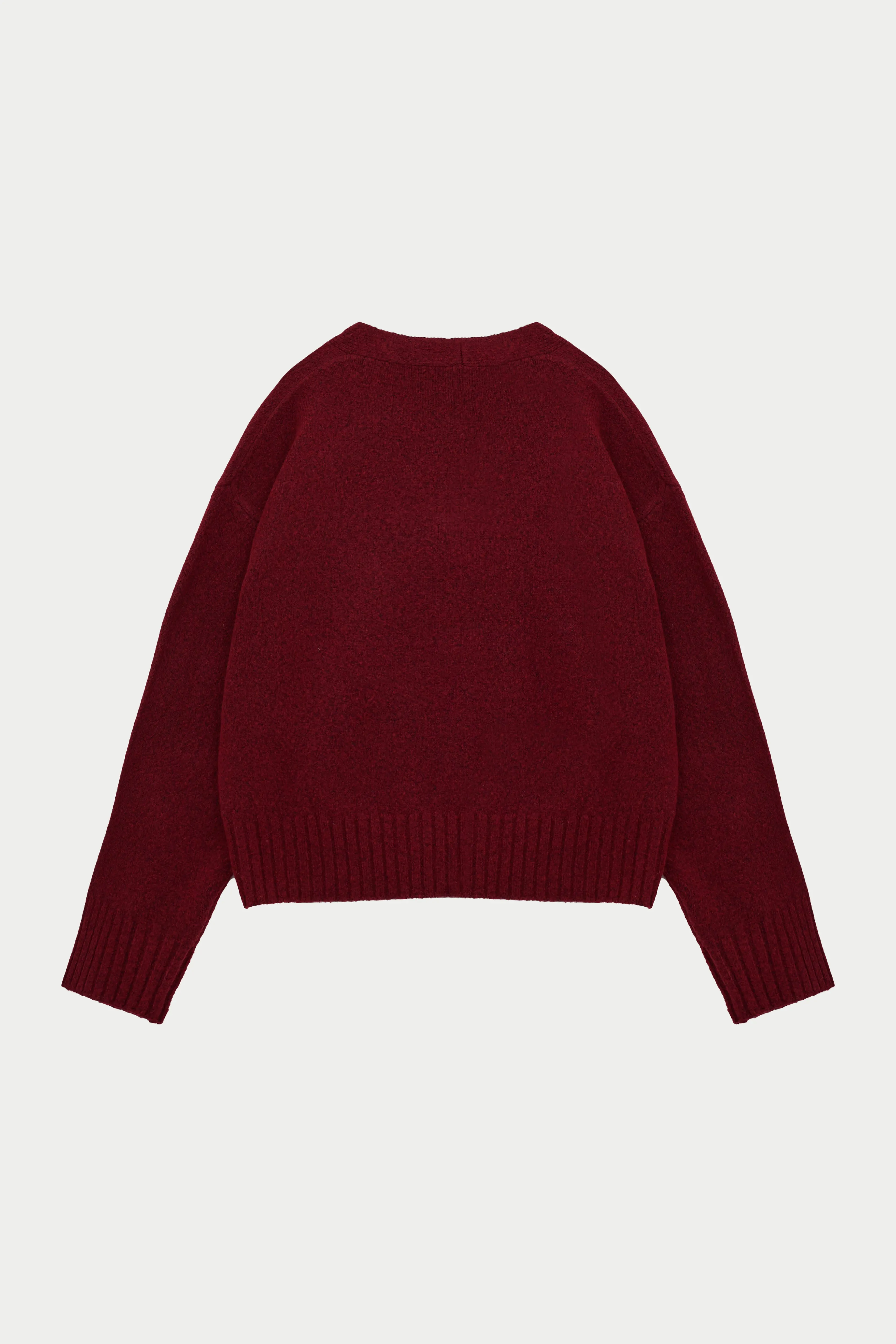 FLUFFY KNIT EMBLEM EMBROIDERED CARDIGAN - BURGUNDY