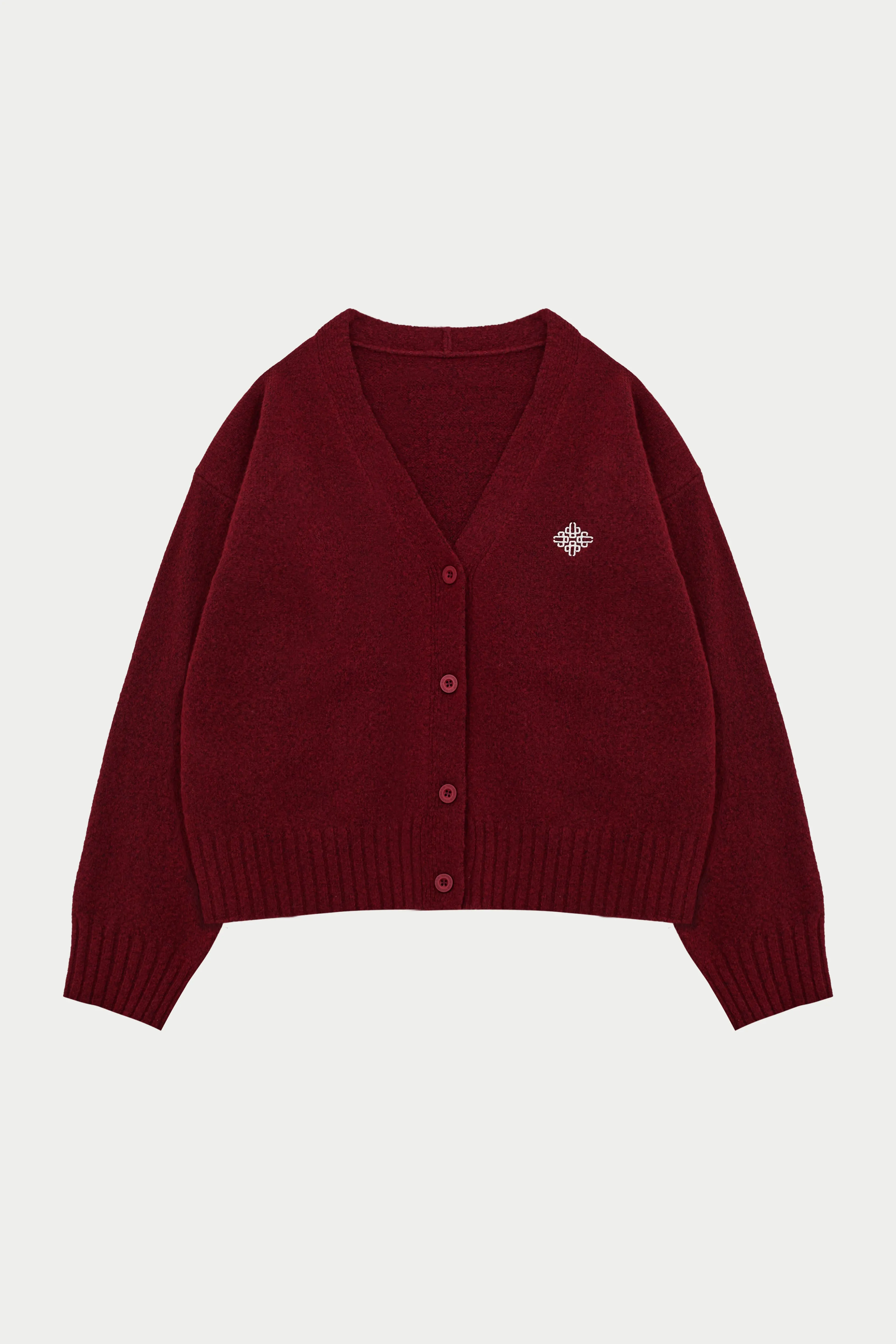 FLUFFY KNIT EMBLEM EMBROIDERED CARDIGAN - BURGUNDY