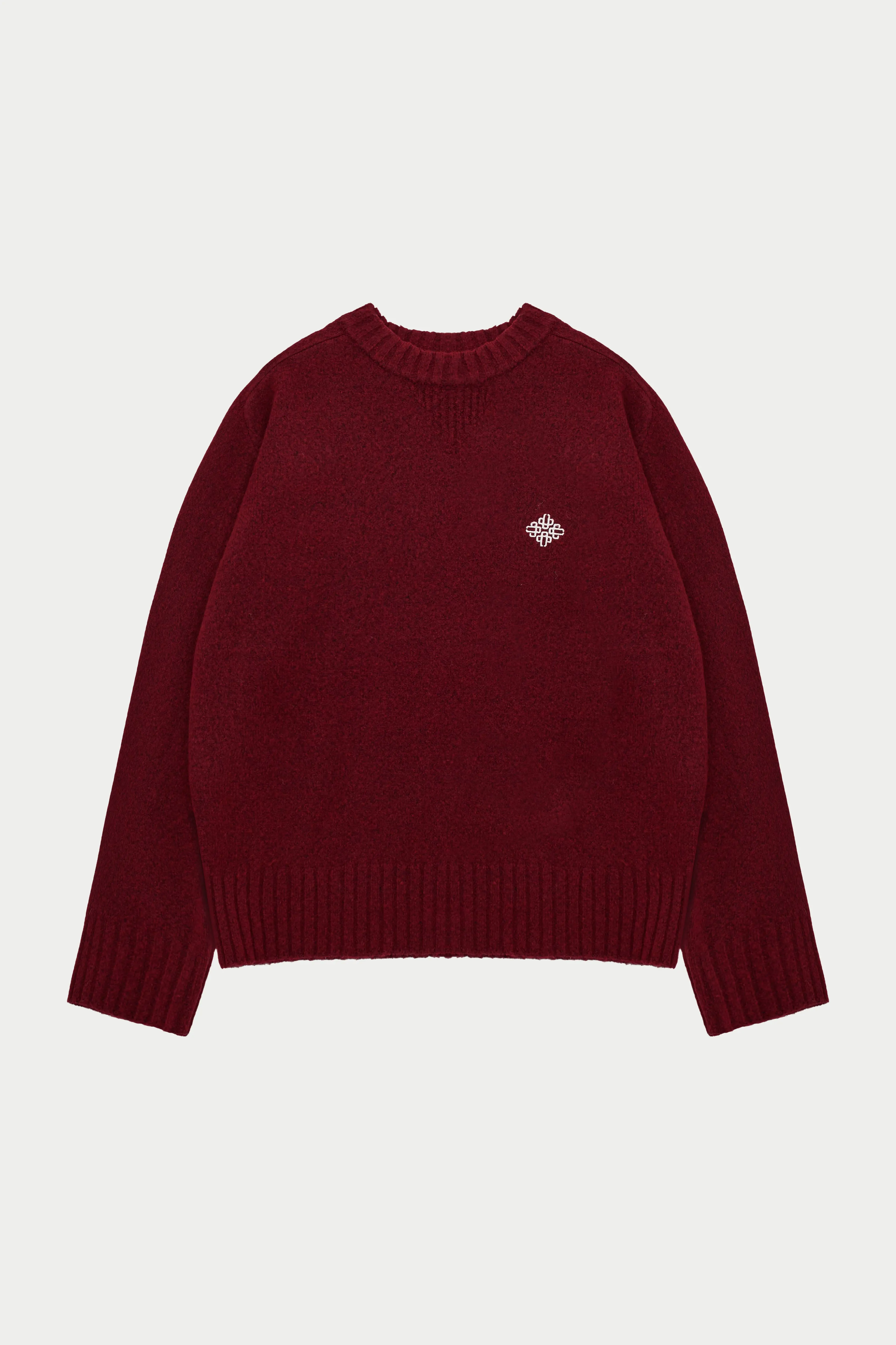 FLUFFY KNIT EMBLEM EMBROIDERED CREW - BURGUNDY