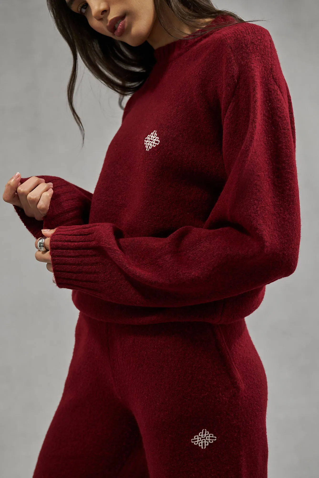 FLUFFY KNIT EMBLEM EMBROIDERED CREW - BURGUNDY