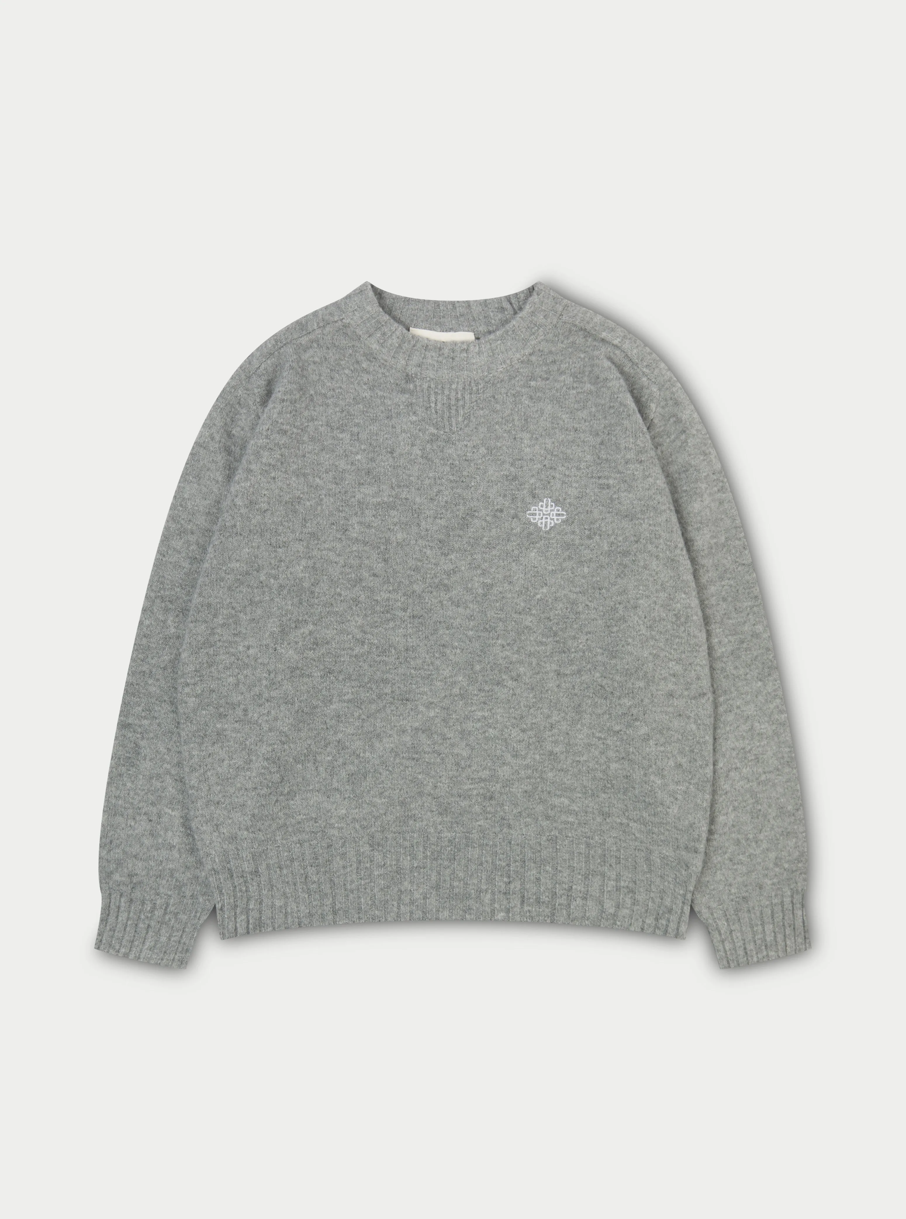 FLUFFY KNIT EMBLEM EMBROIDERED CREW - GREY MARL