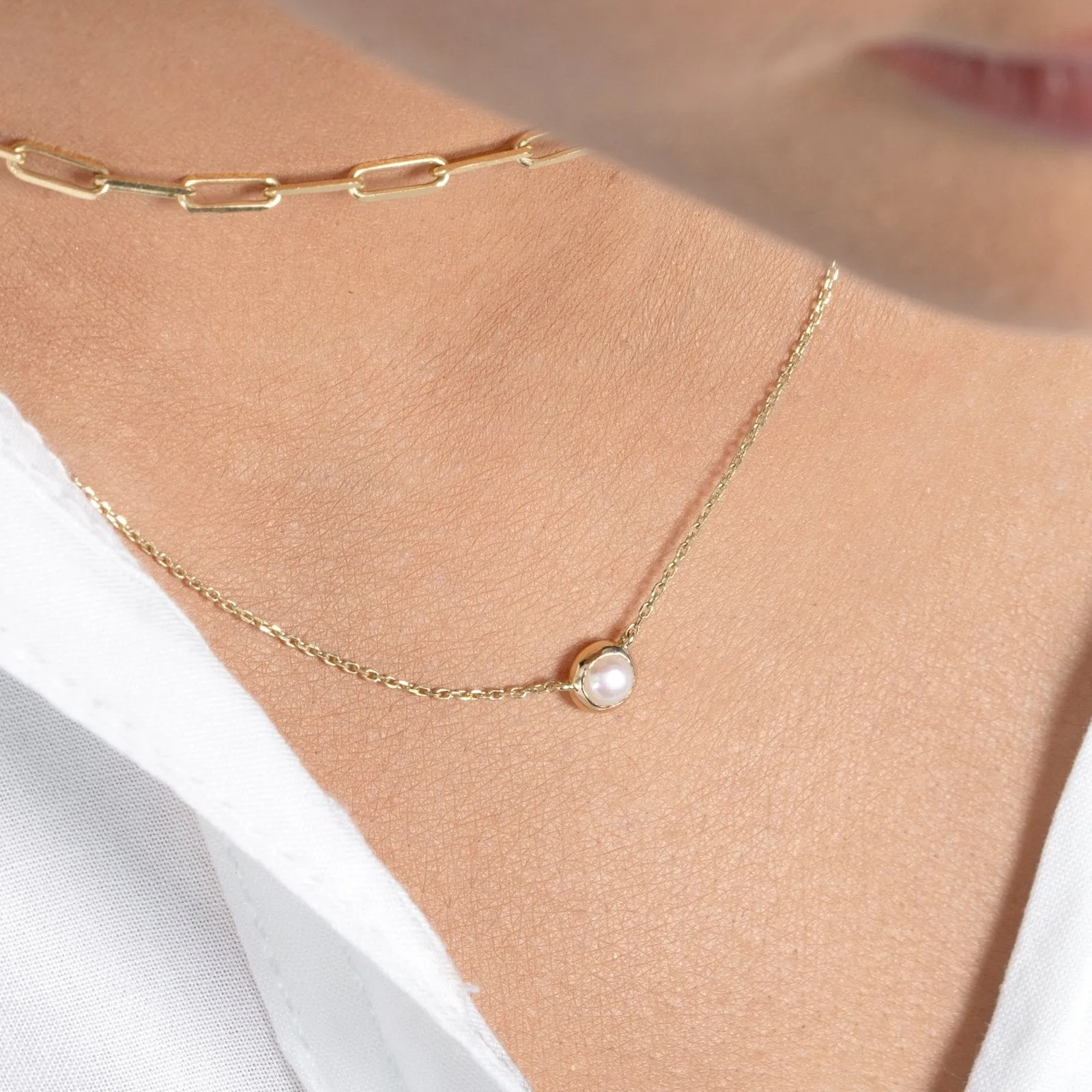 Freshwater Pearl Station Necklace Bezel Set in 14k Gold