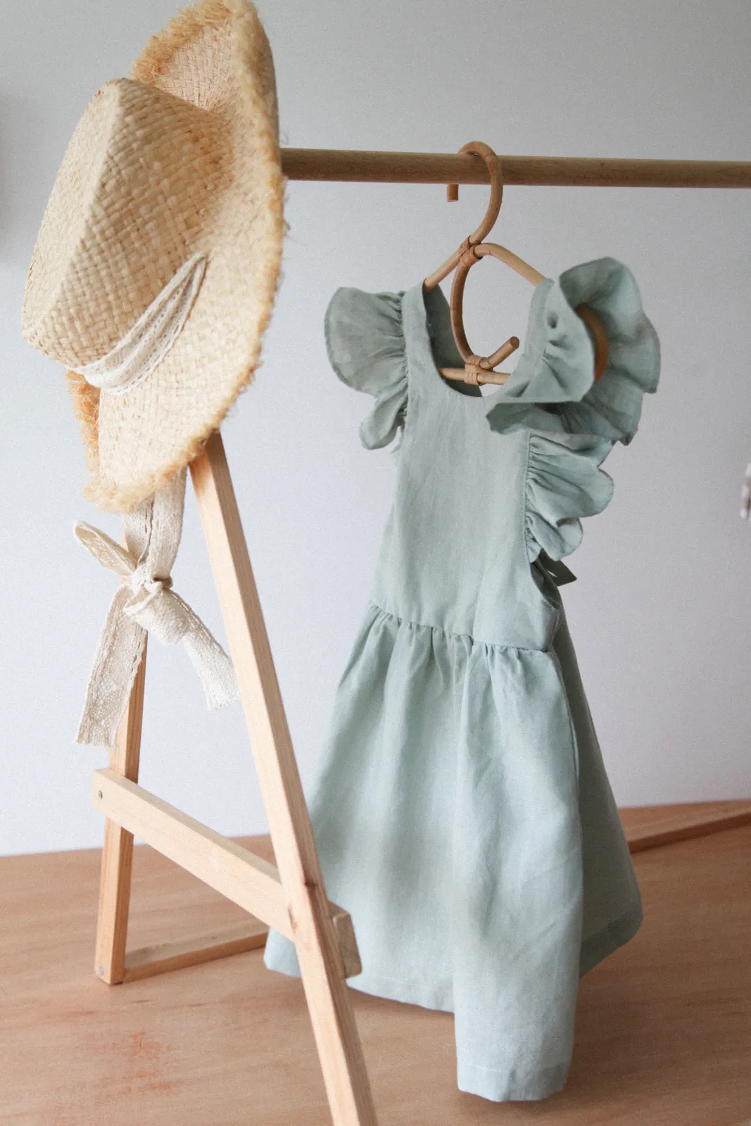 Frill Shoulder Dress in Dusky Sage