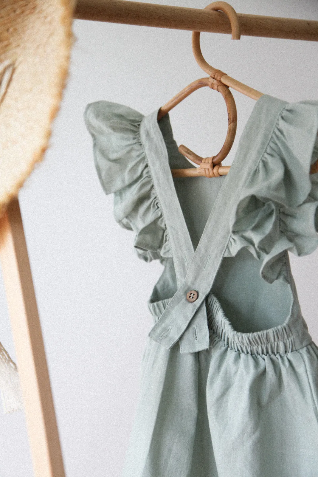 Frill Shoulder Dress in Dusky Sage