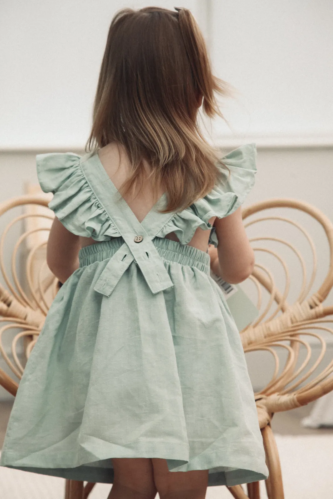 Frill Shoulder Dress in Dusky Sage