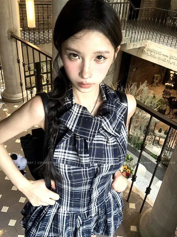 FunnJ square table Yale girl design retro waist sleeveless plaid dress women's slim A-line skirt