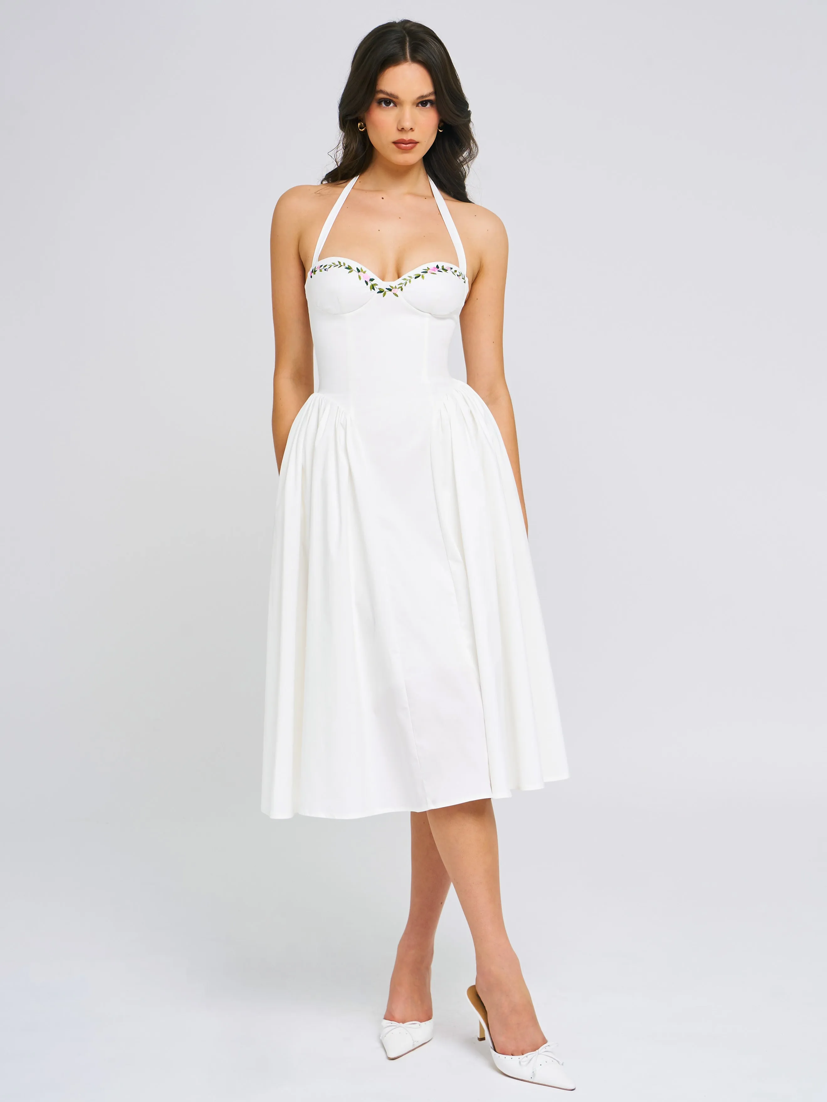 Gianna White Embroidered Halter Maxi Dress