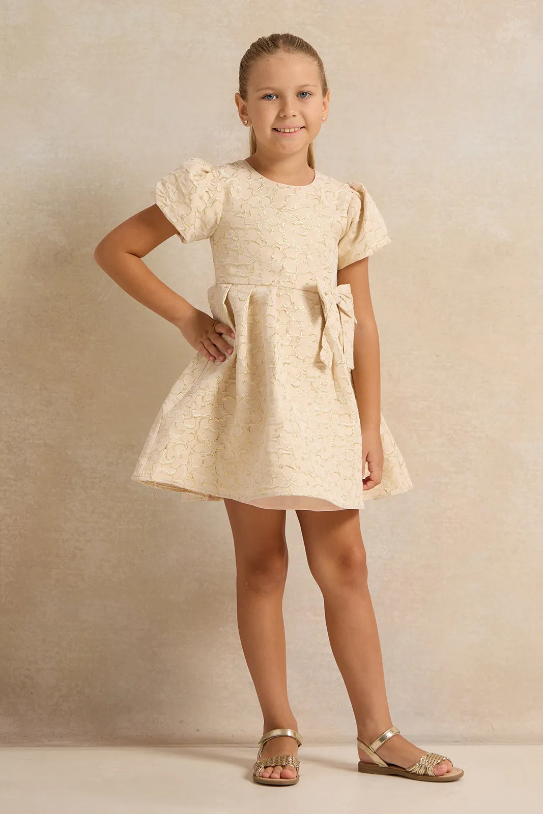 Girls Gold Jacquard Bow Detailed Dress