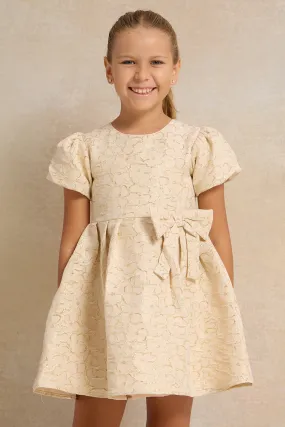 Girls Gold Jacquard Bow Detailed Dress