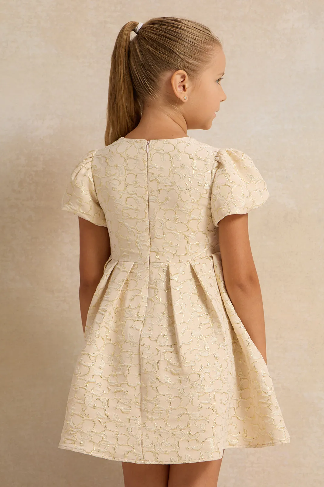 Girls Gold Jacquard Bow Detailed Dress