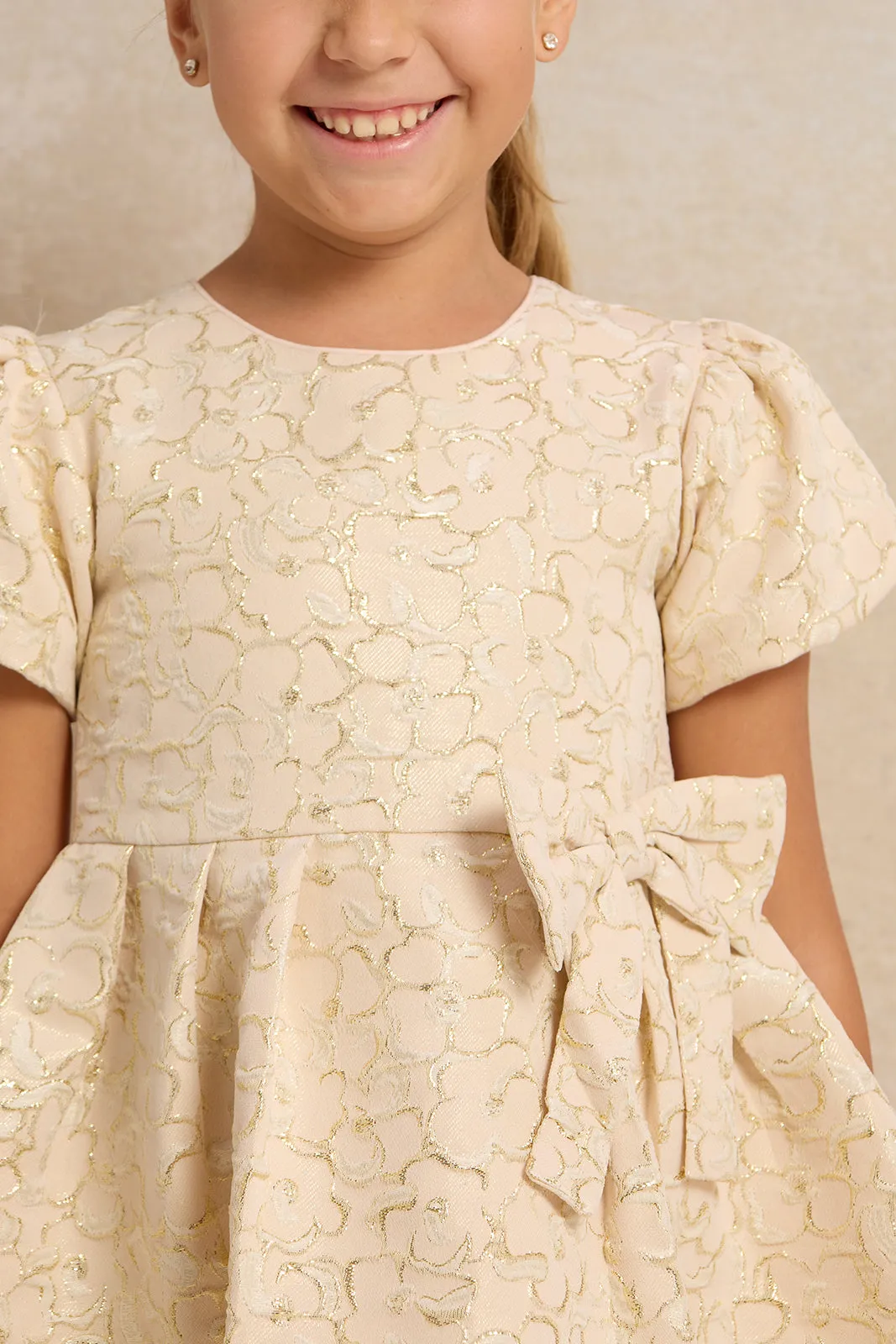 Girls Gold Jacquard Bow Detailed Dress