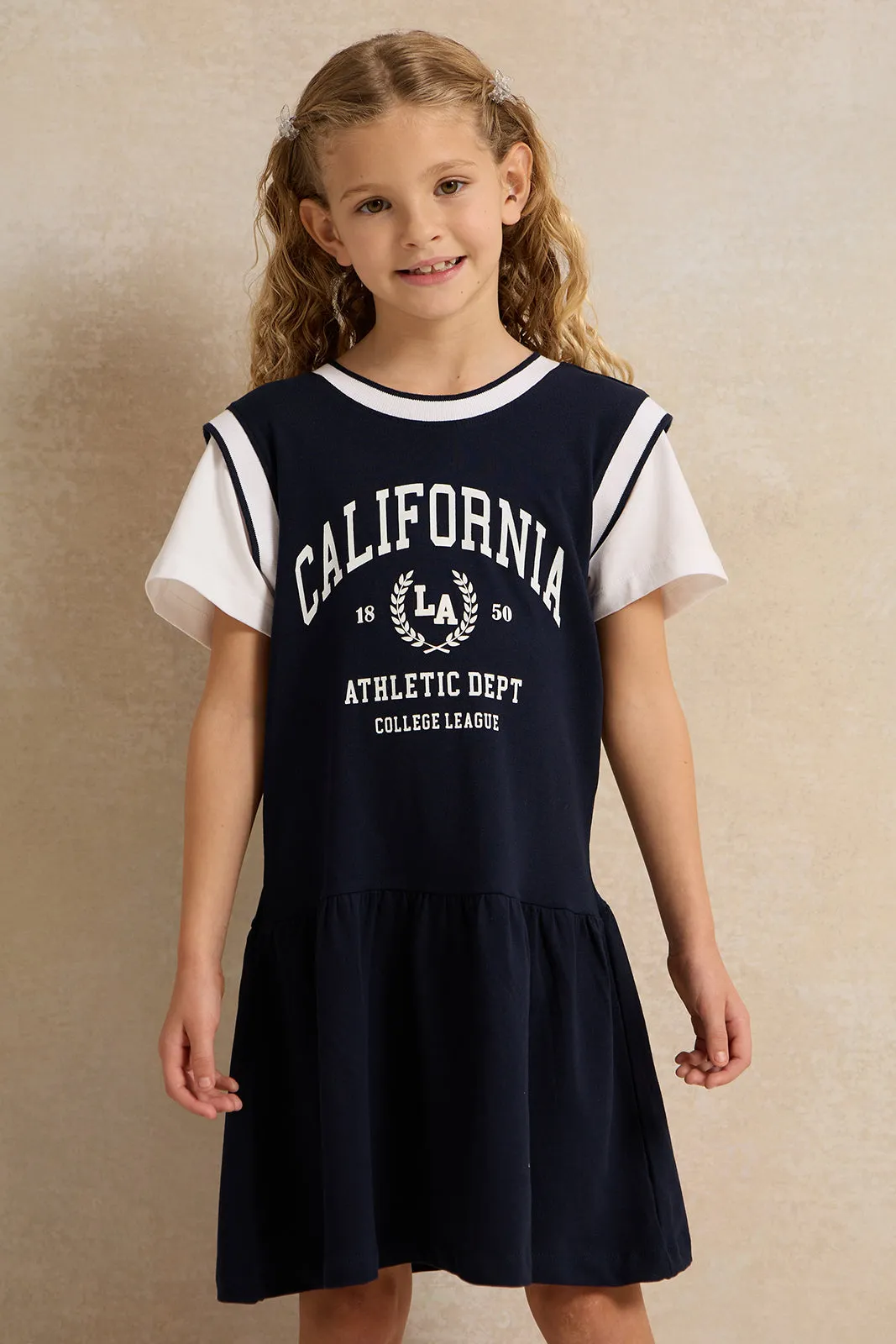 Girls Navy  Print Dress