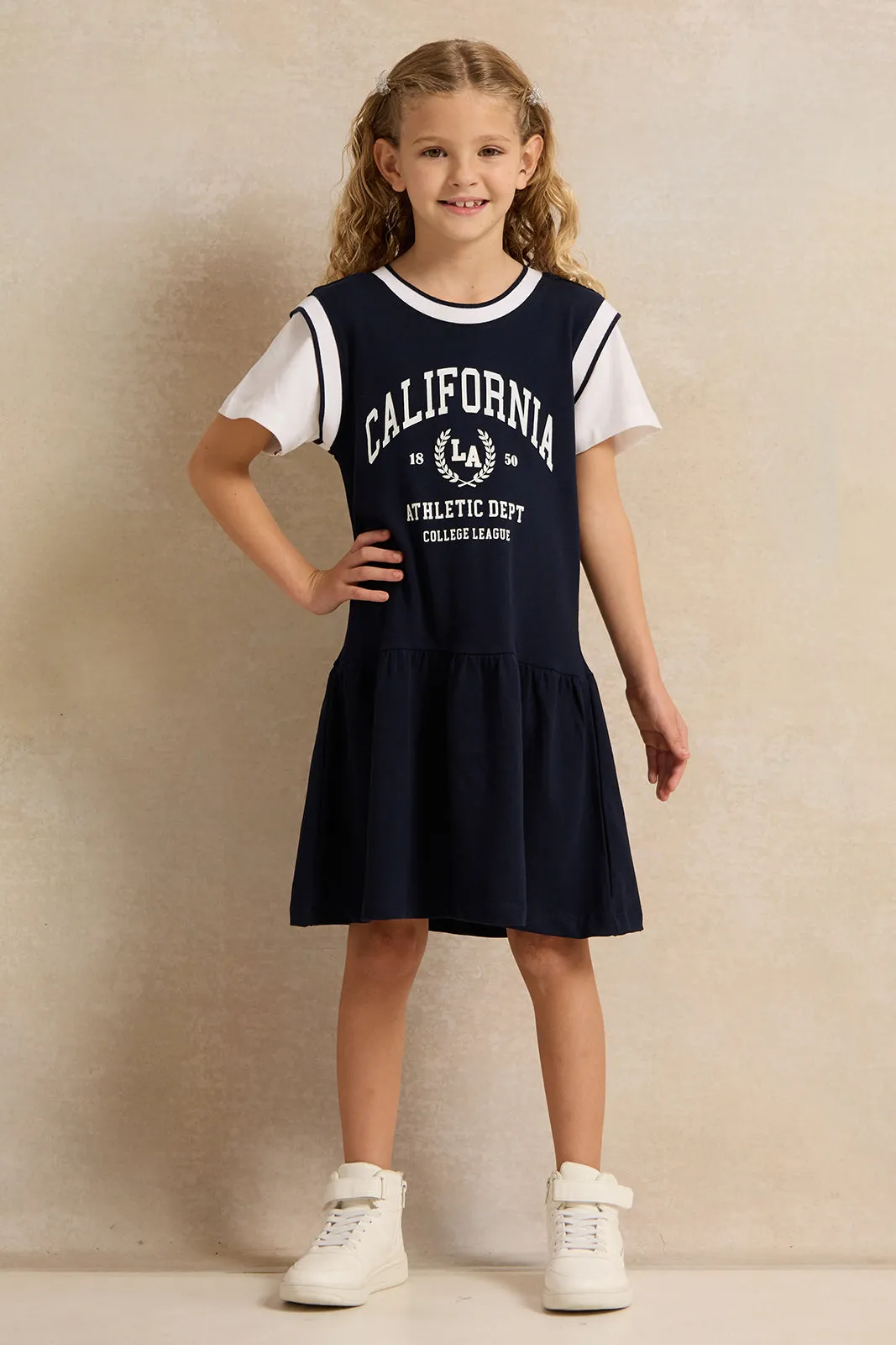 Girls Navy  Print Dress