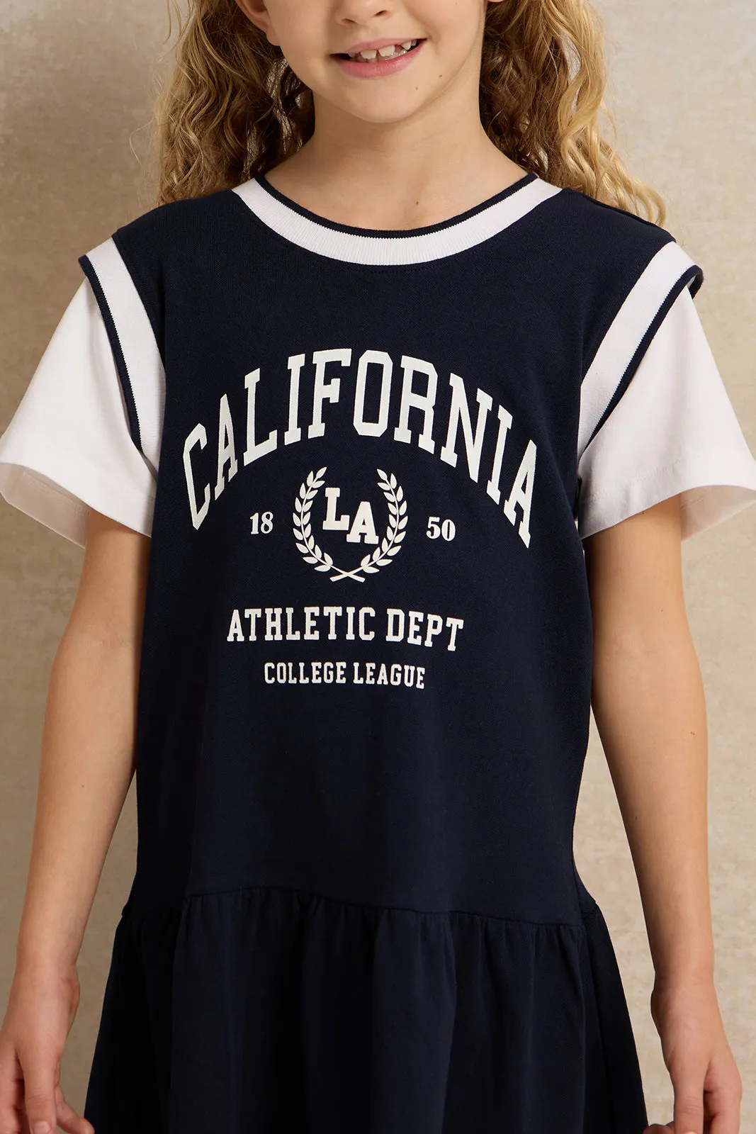 Girls Navy  Print Dress