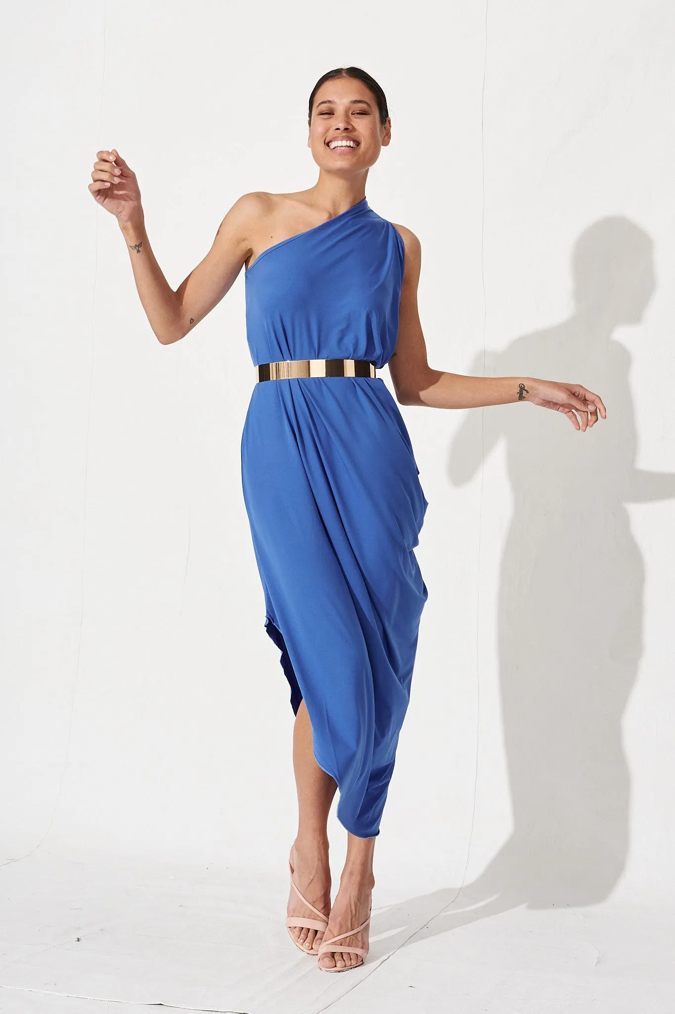 Goddess One Shoulder Maxi Dress In Blue