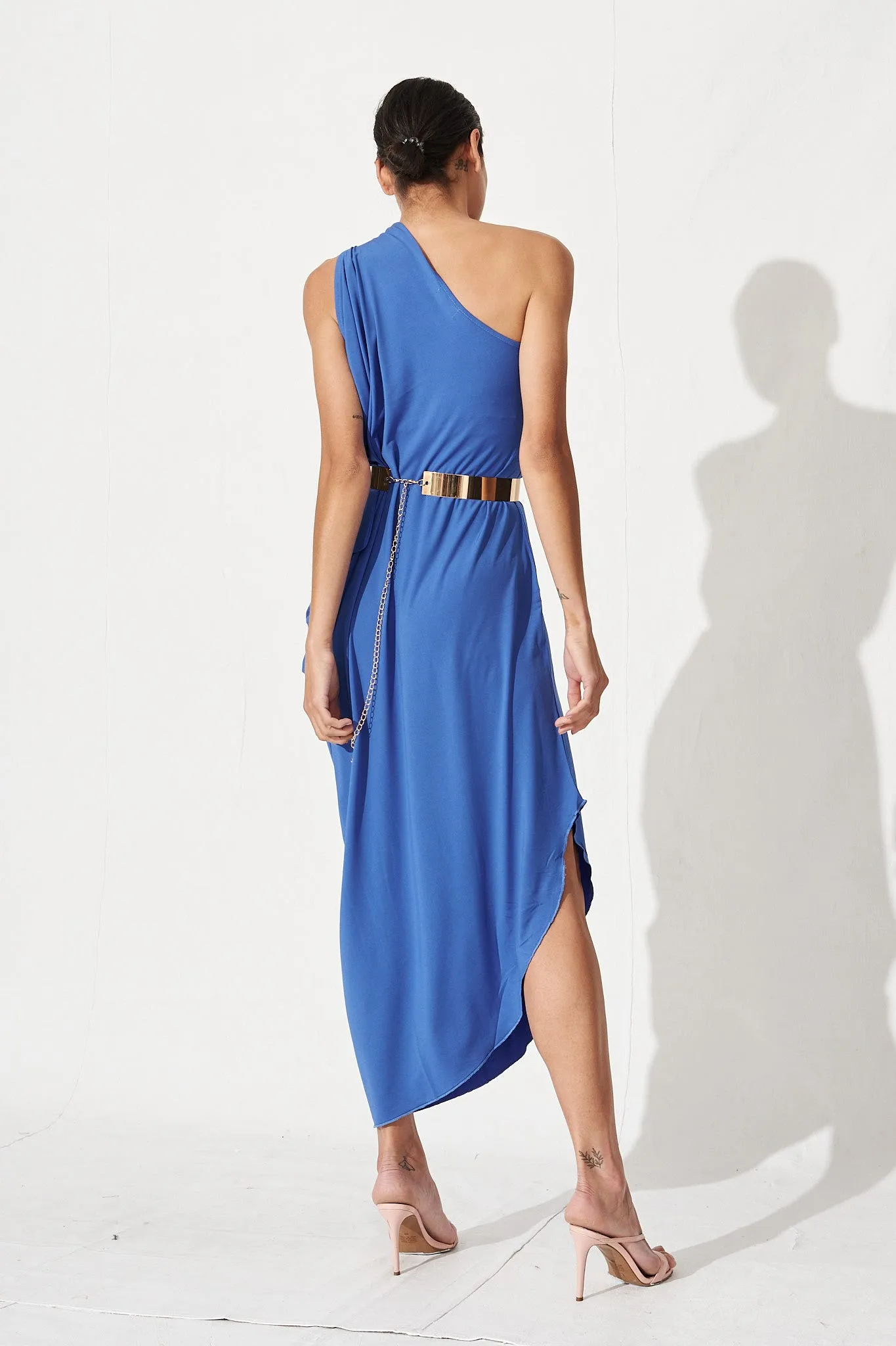 Goddess One Shoulder Maxi Dress In Blue