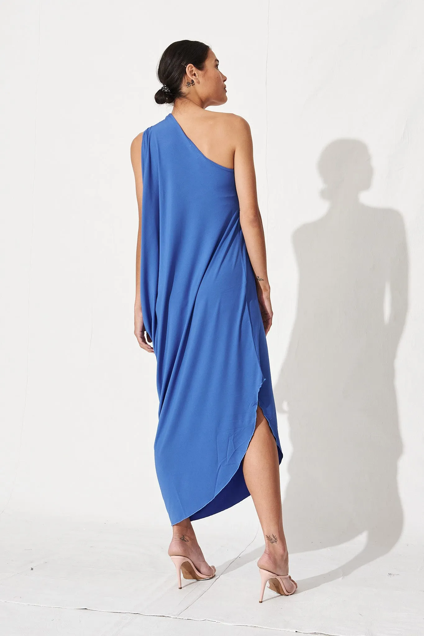 Goddess One Shoulder Maxi Dress In Blue