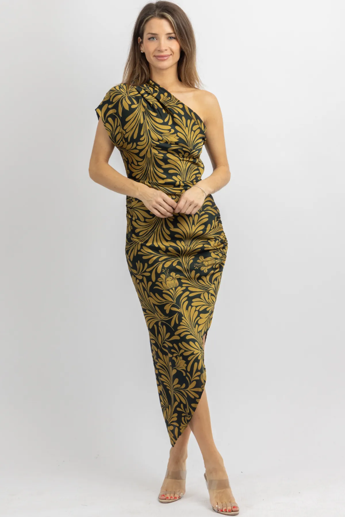 GOLDEN PINE ONE SHOULDER DRESS