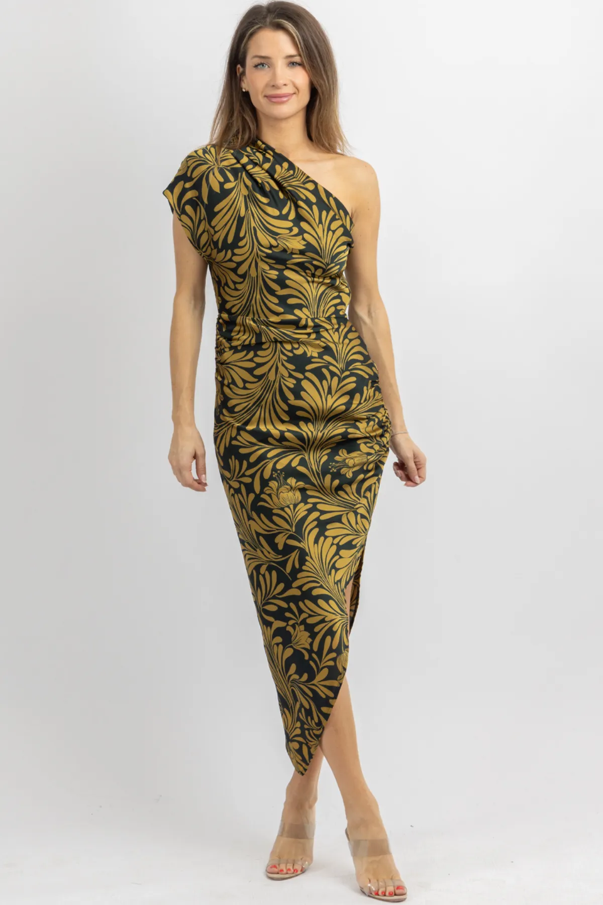 GOLDEN PINE ONE SHOULDER DRESS