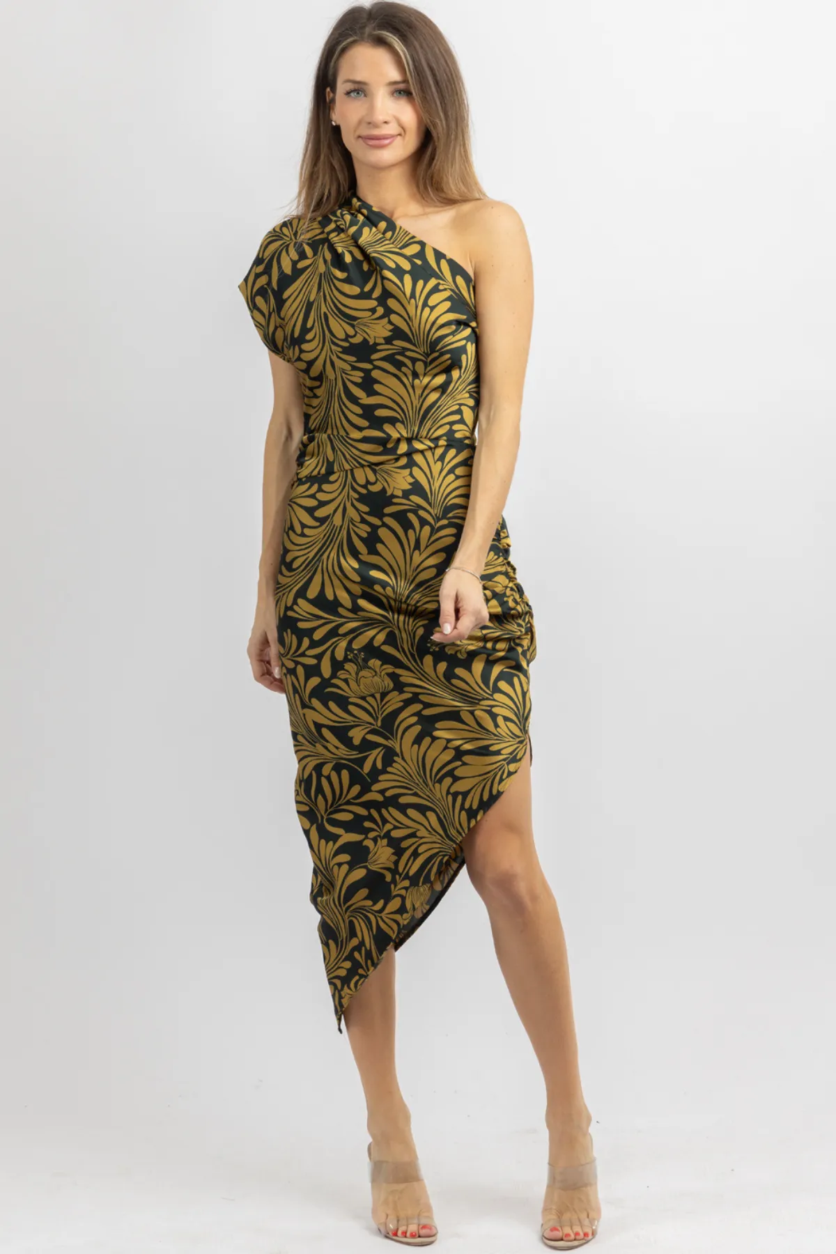 GOLDEN PINE ONE SHOULDER DRESS