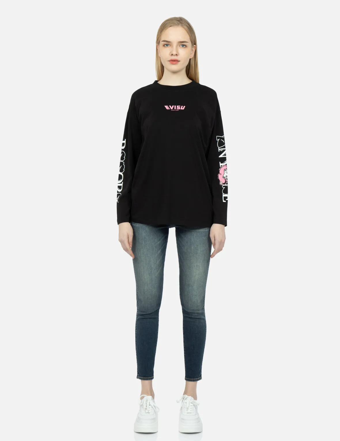 Graffiti Daruma Slogan Print Long-sleeve T-Shirt