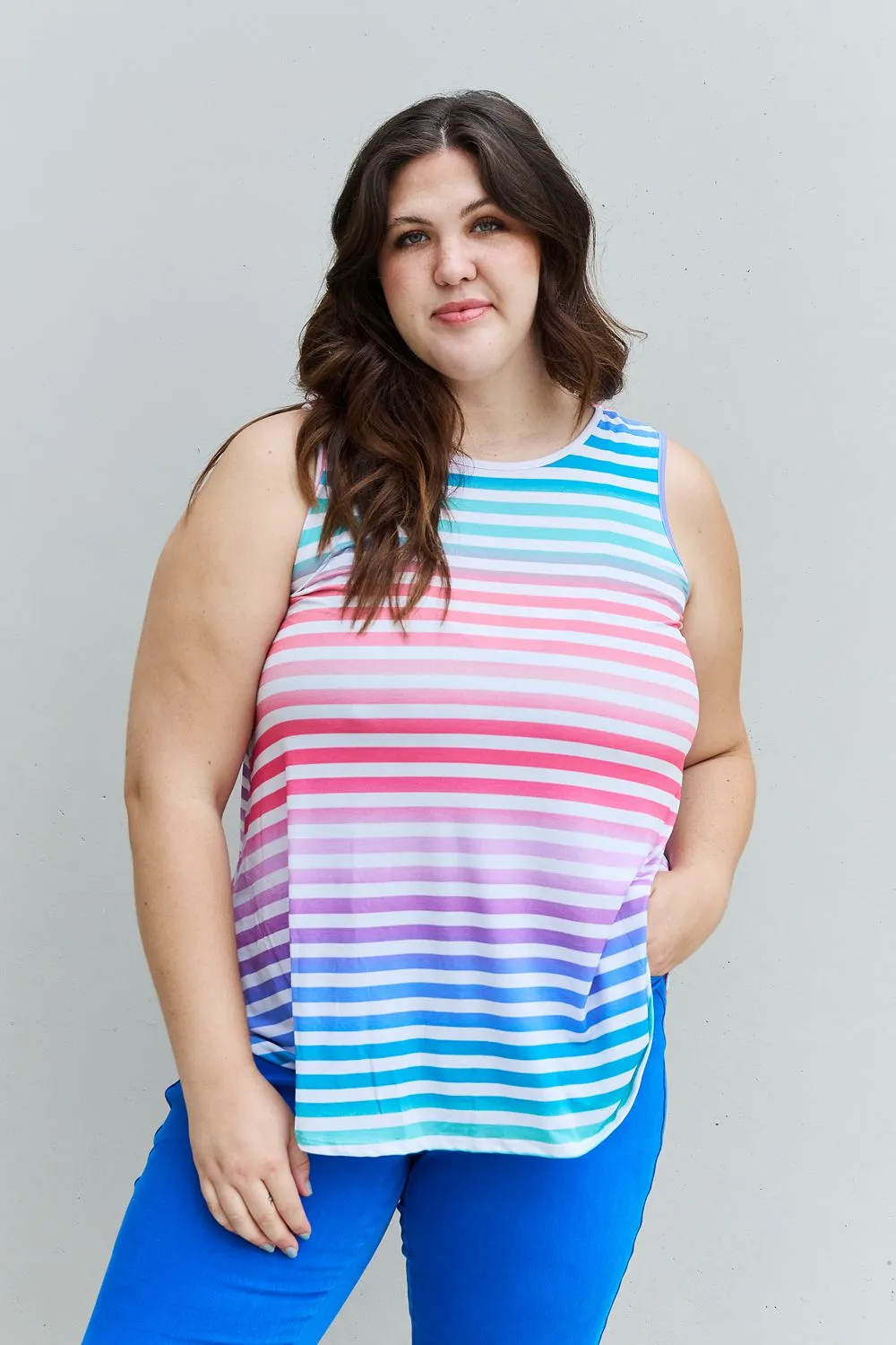 Heimish Colorful Striped Round Neck Top - Sleeveless - Love Yourself - Full Size