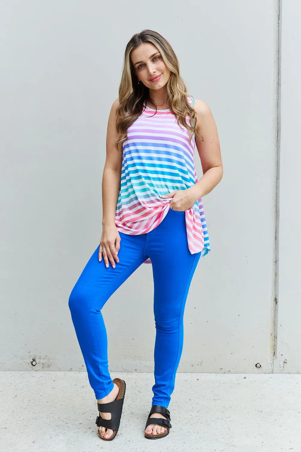 Heimish Colorful Striped Round Neck Top - Sleeveless - Love Yourself - Full Size