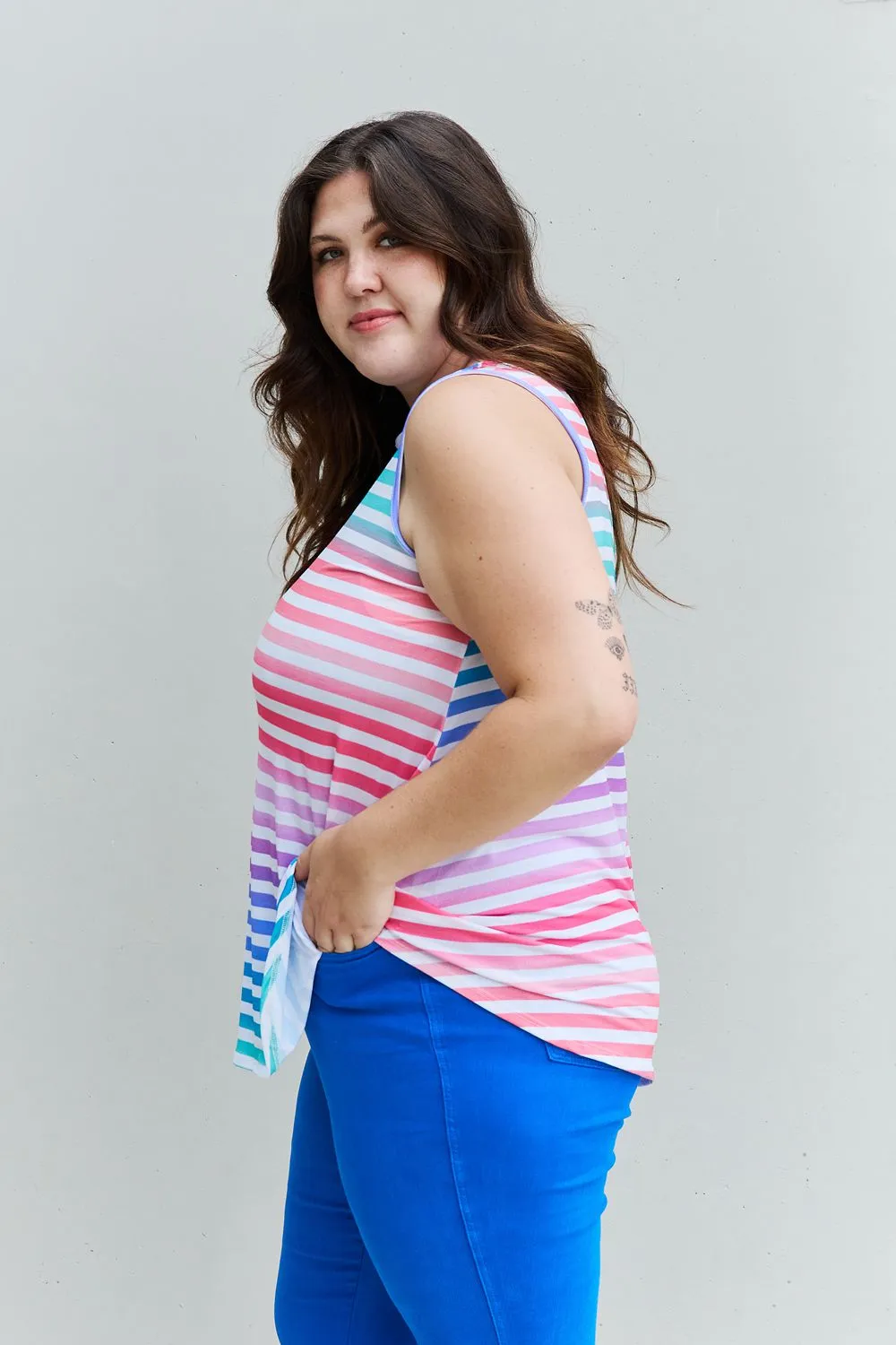 Heimish Colorful Striped Round Neck Top - Sleeveless - Love Yourself - Full Size