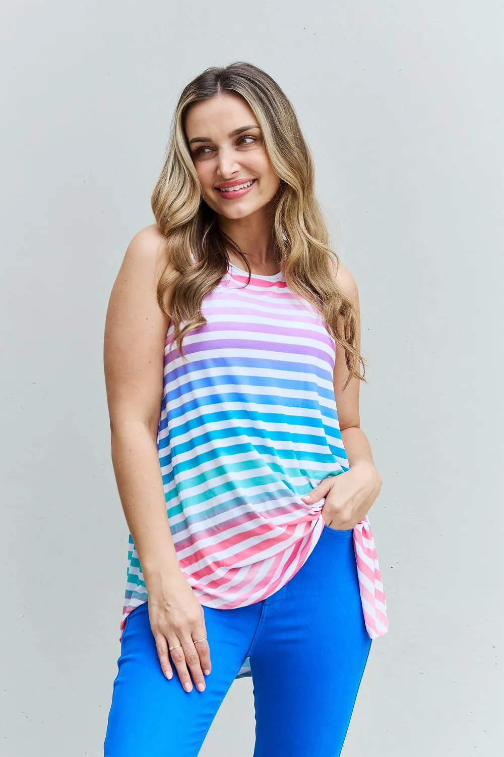 Heimish Colorful Striped Round Neck Top - Sleeveless - Love Yourself - Full Size