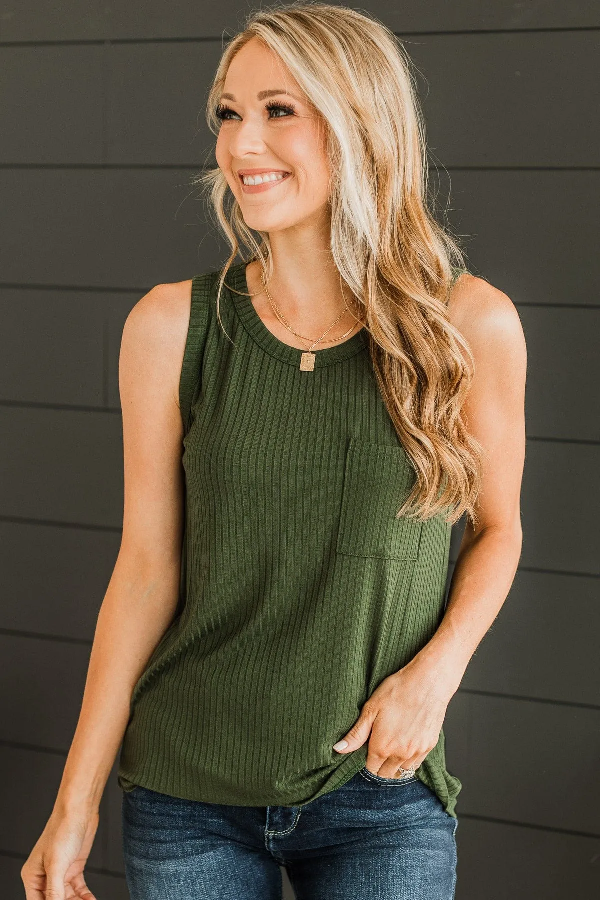 Ribbed Knit Tank Top- Dark Olive