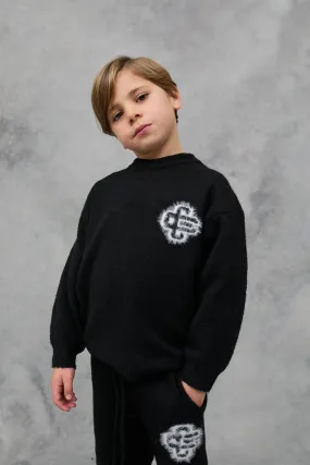 KIDS FLUFFY KNIT EMBLEM CREW - BLACK