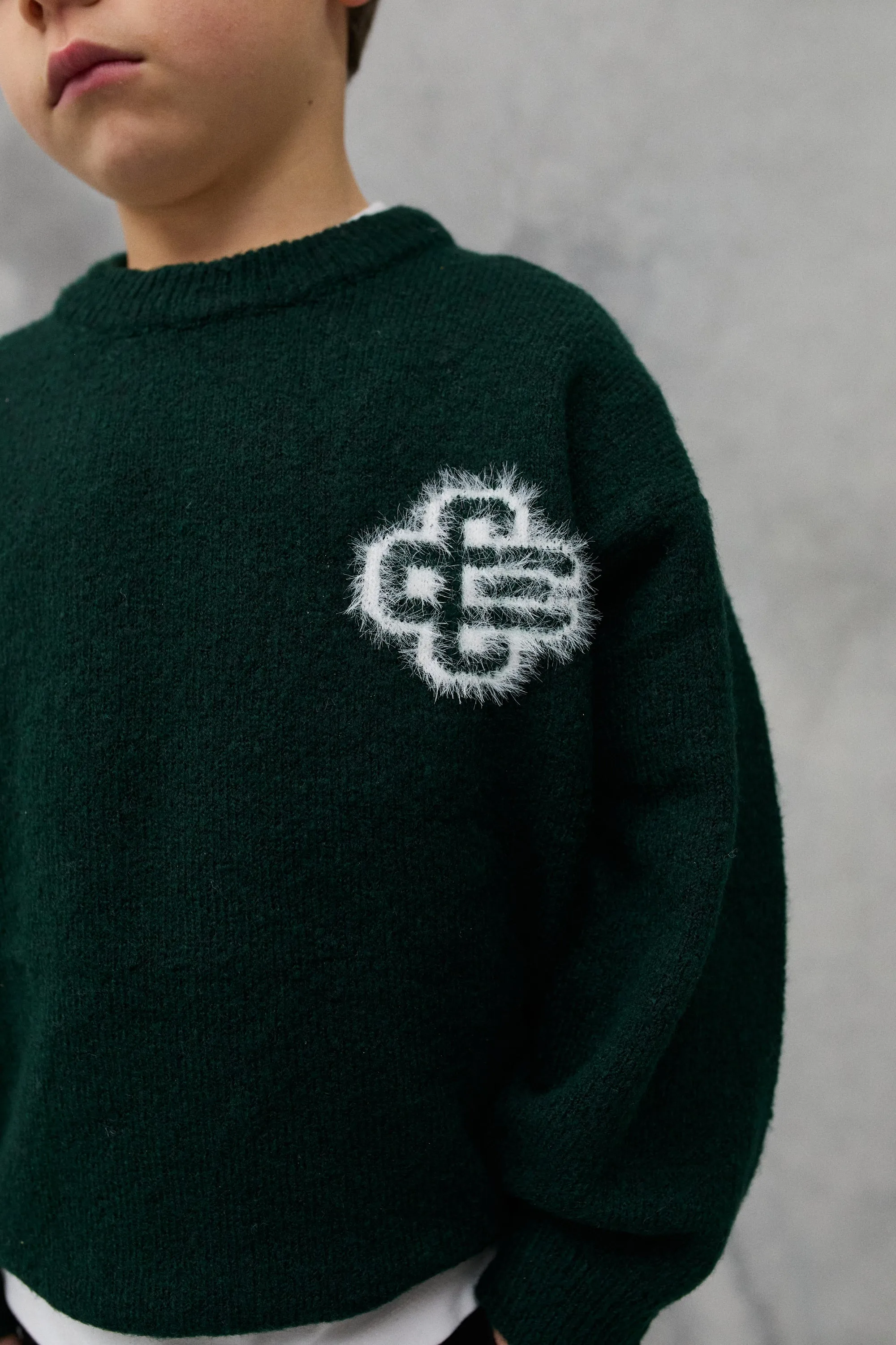 KIDS FLUFFY KNIT EMBLEM CREW - GREEN