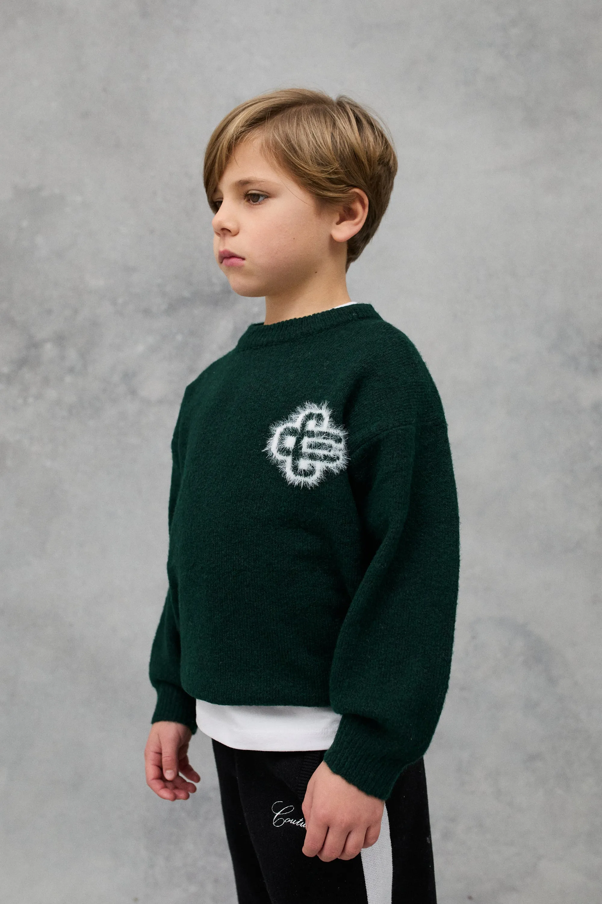 KIDS FLUFFY KNIT EMBLEM CREW - GREEN