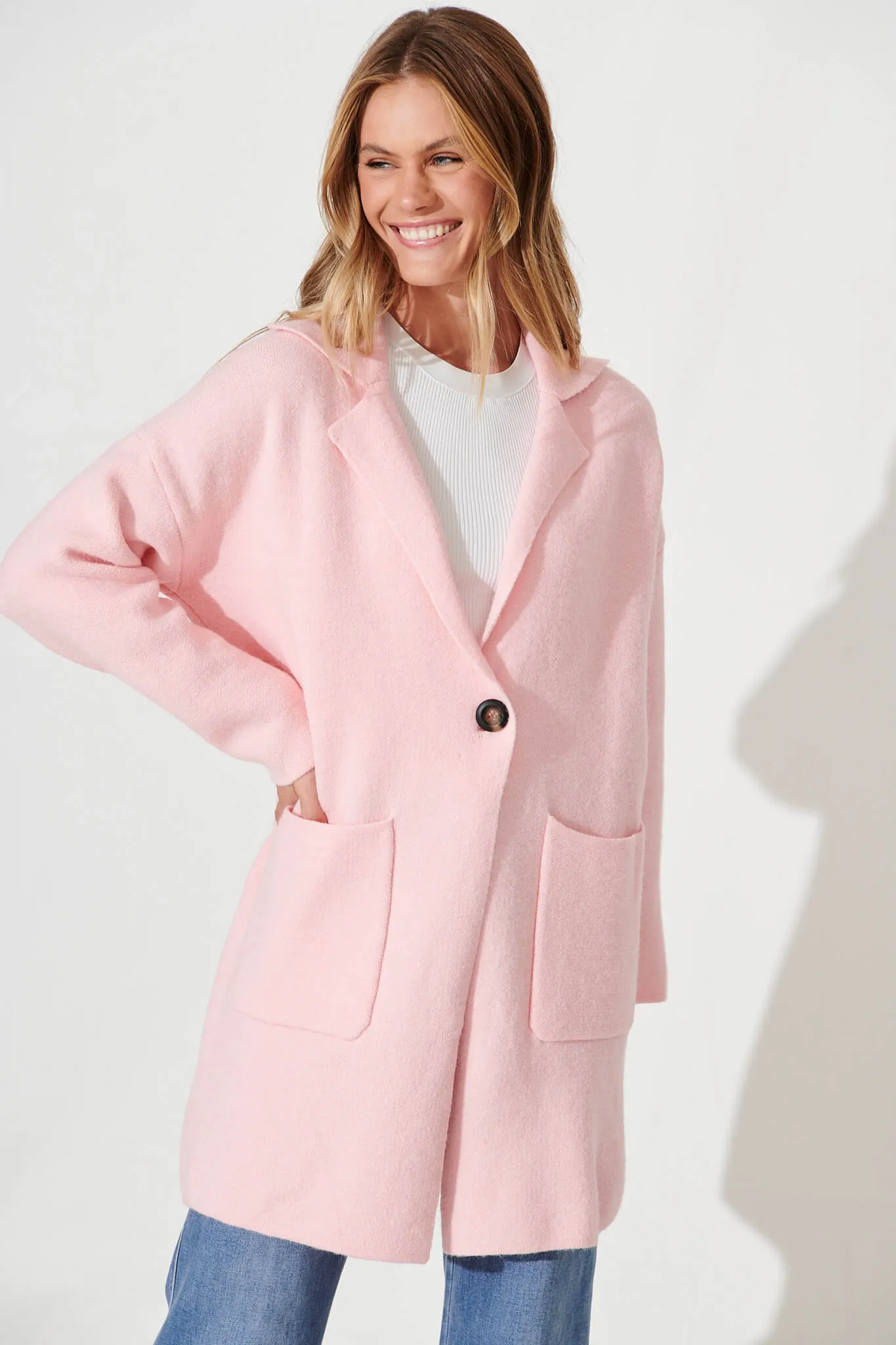 Kimberly Knit Coatigan In Pink Wool Blend